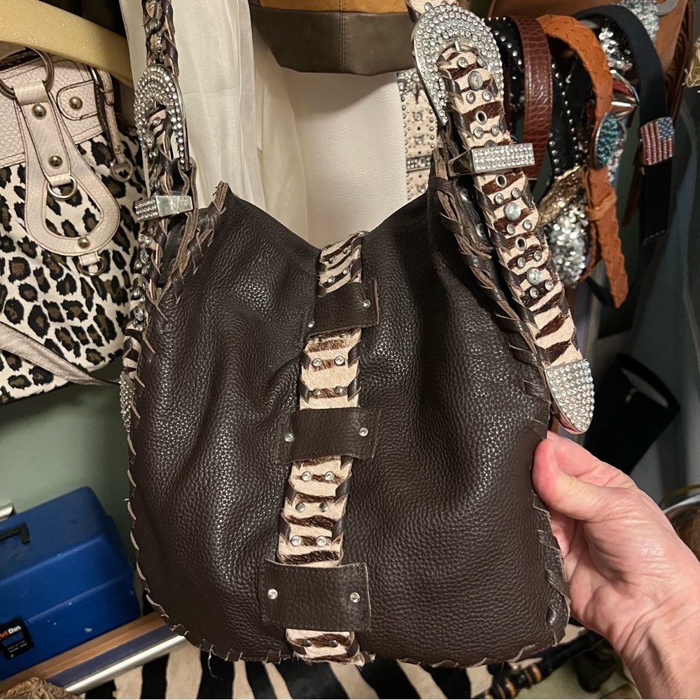 Embossed leather & zebra suede long strap bejeweled luxury shouldr/satchel bag